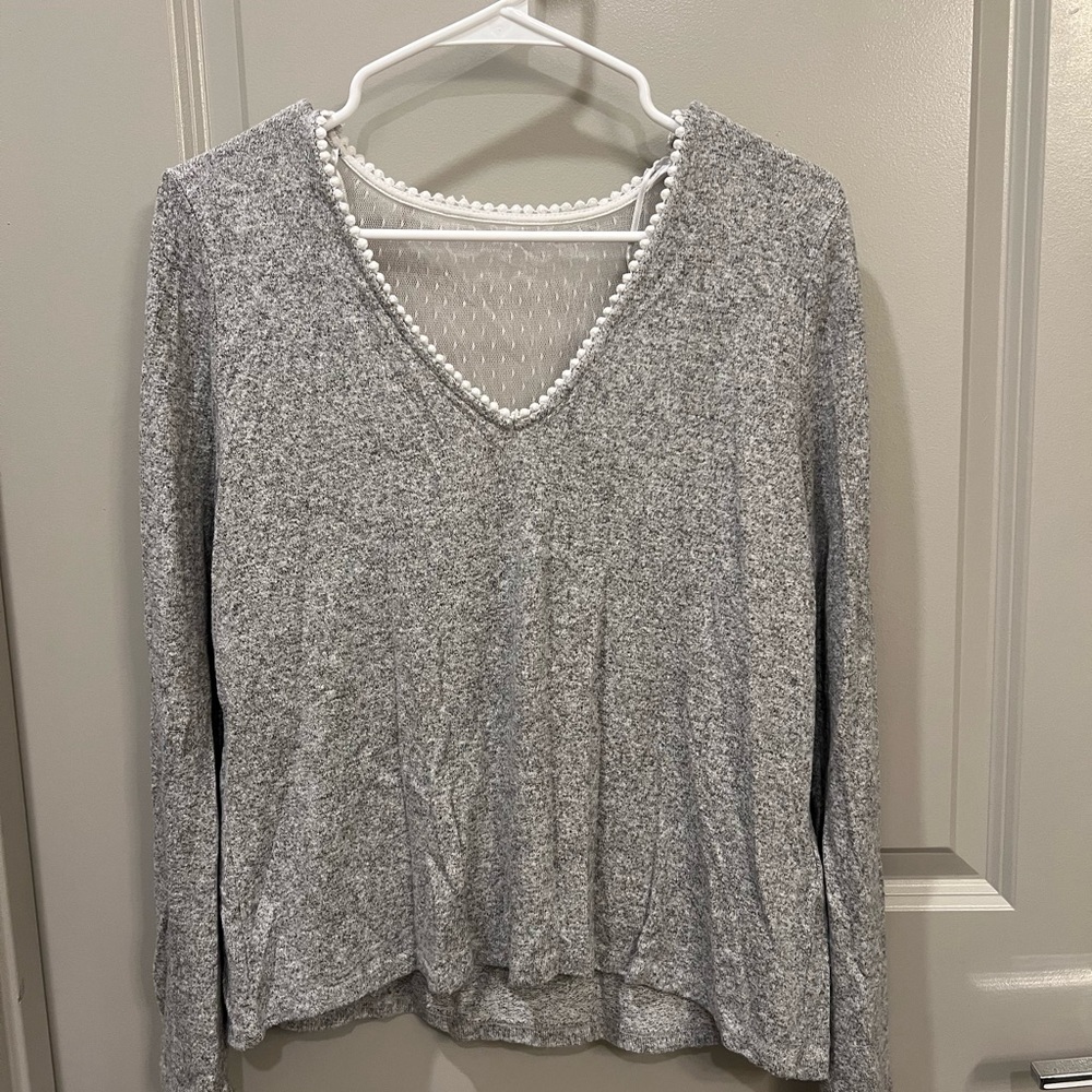 French brand NAF NAF Gray Long Sleeve Blouse with white sheer and lace details